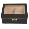 Top Seller Matte Black Glass Transparent Window Humidor Two Compartments Wooden Cigar Box With Password Lock